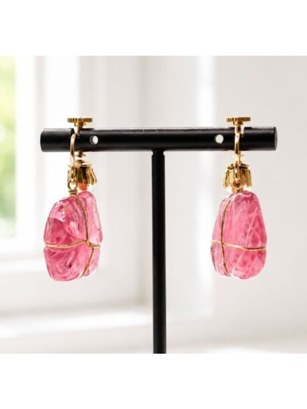 Vintage Pink Glass Clip-On Earrings With Gold-Tone Wire Detailing & Screw Backs